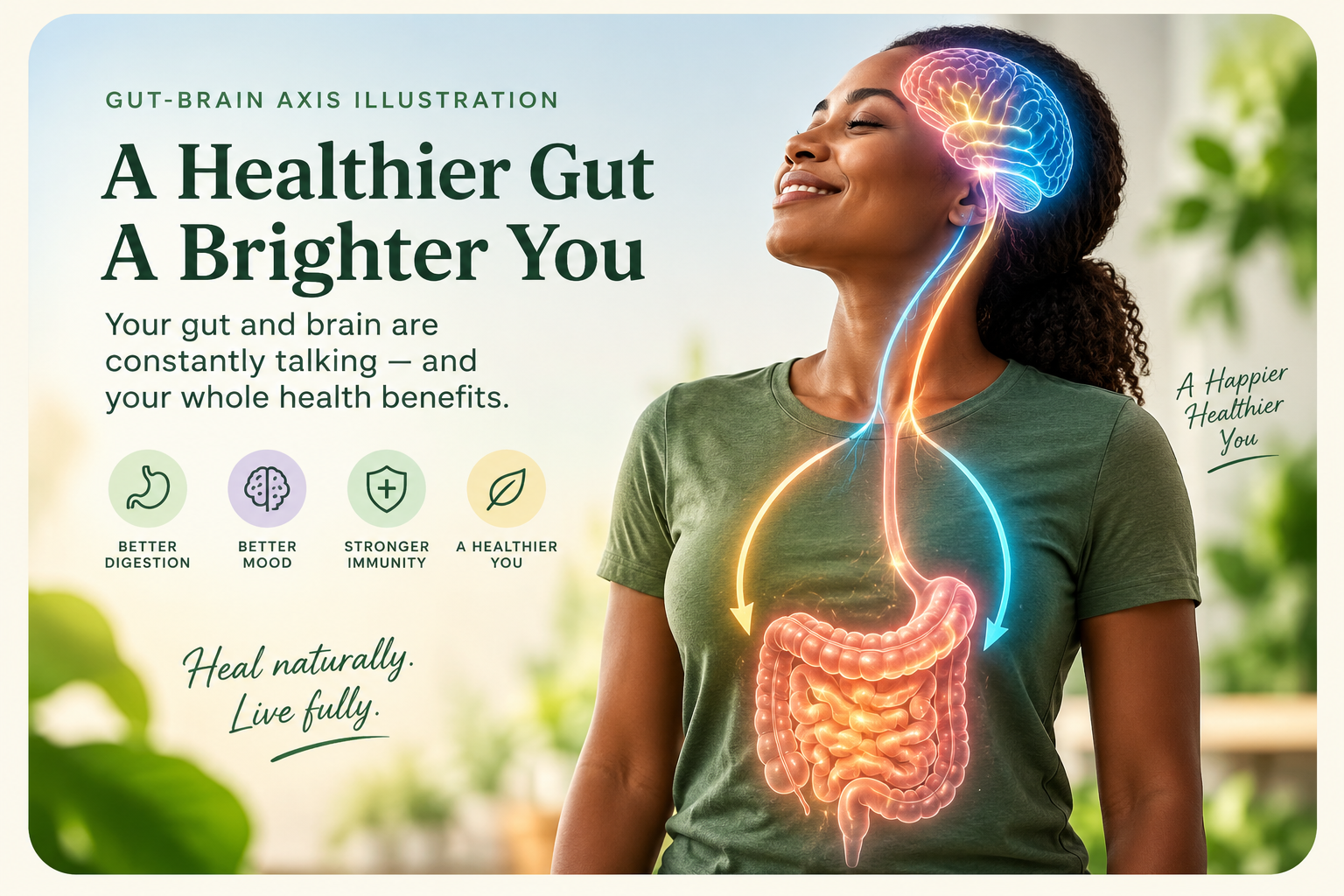 Gut-brain axis illustration showing communication between the digestive system and brain.