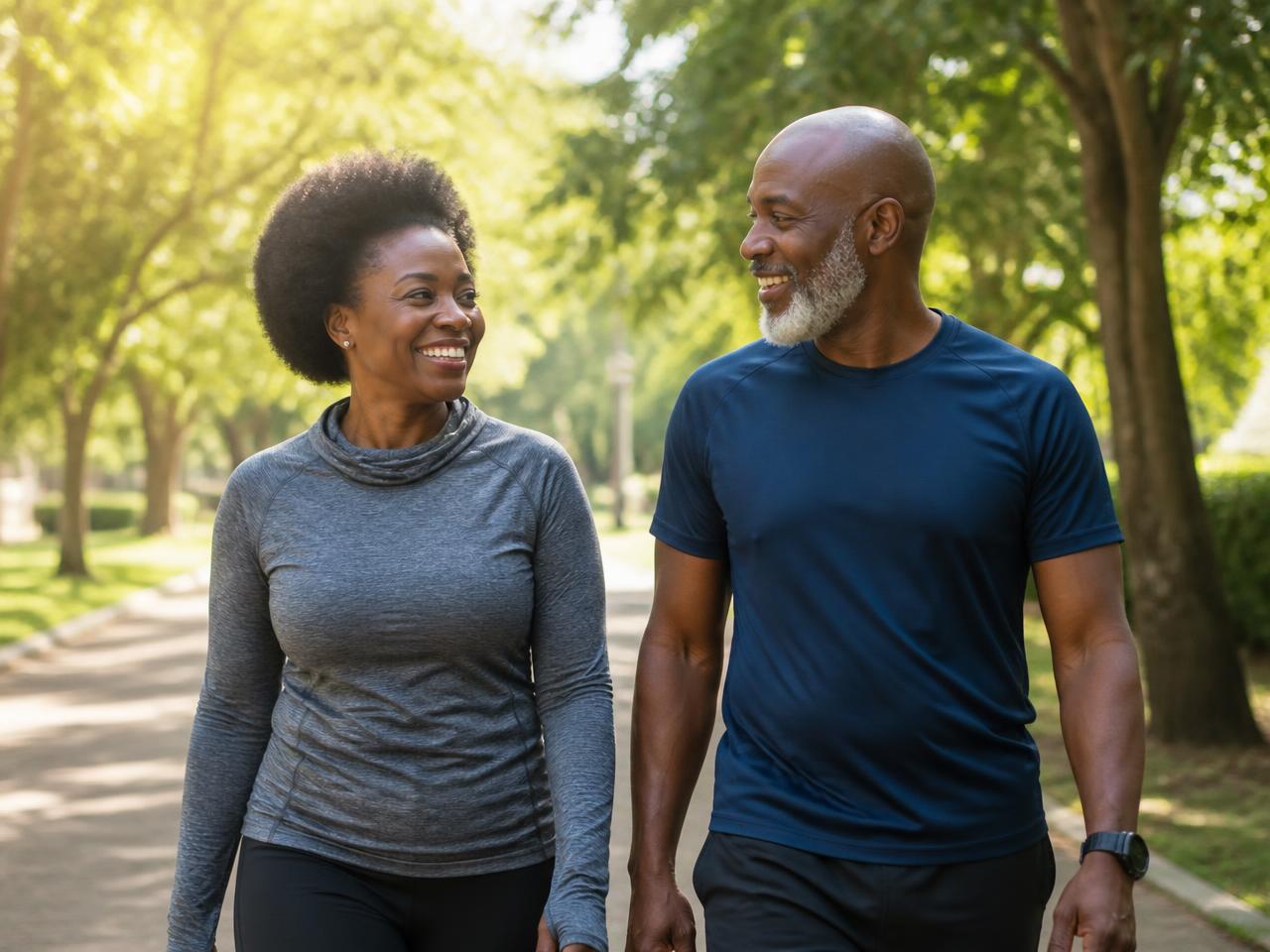 A Ghanaian couple walking together outdoors in a green park on a sunny morning