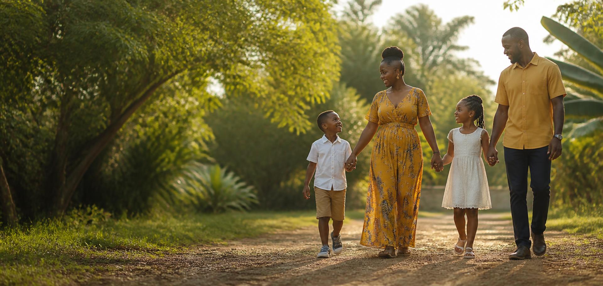 A Ghanaian family walking together outdoors on a tree-lined path in warm afternoon light