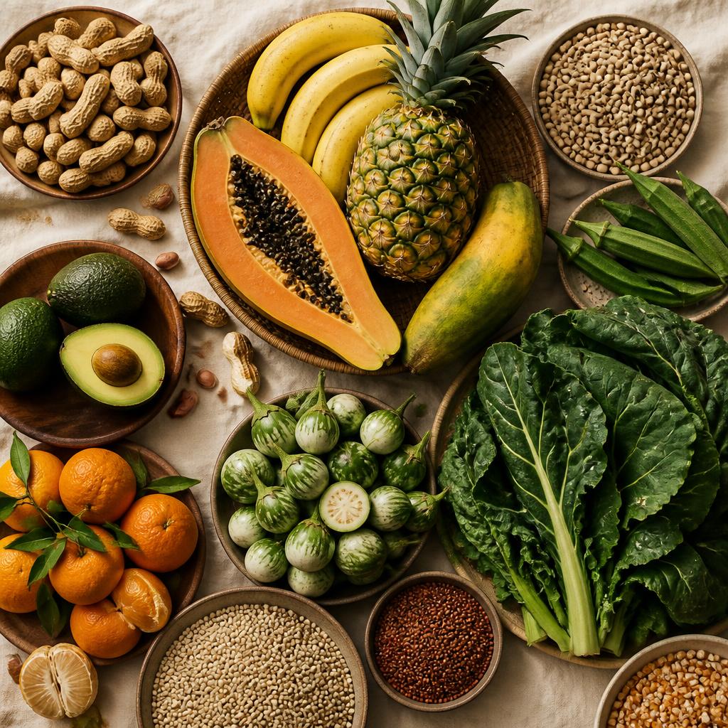 A variety of fresh Ghanaian foods including pawpaw, banana, pineapple, avocado, orange, garden eggs, okra, leafy greens, beans and groundnuts