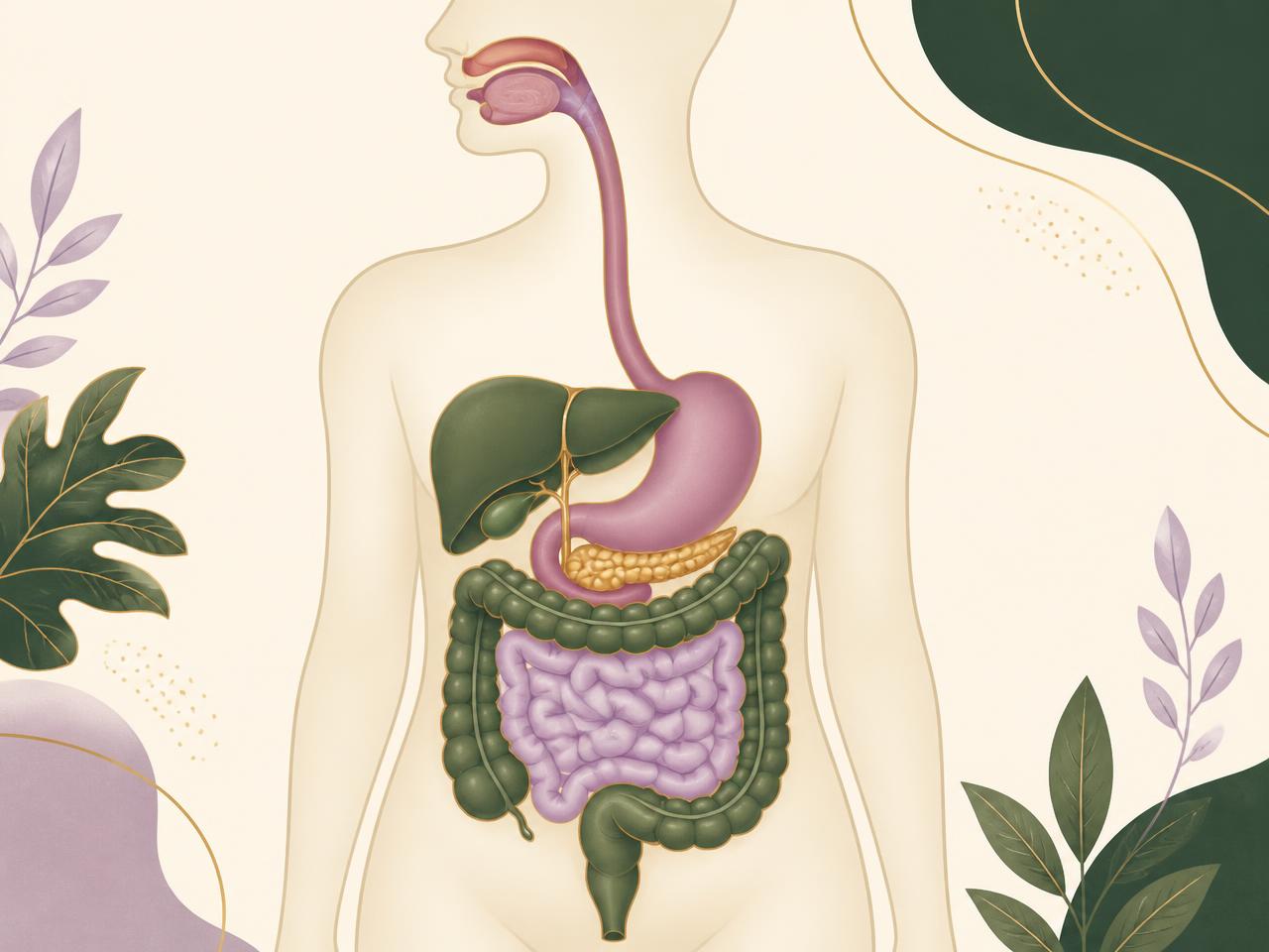 Illustration of the human digestive system showing the mouth, oesophagus, stomach, small intestine, large intestine and rectum, with the liver, gallbladder and pancreas alongside.