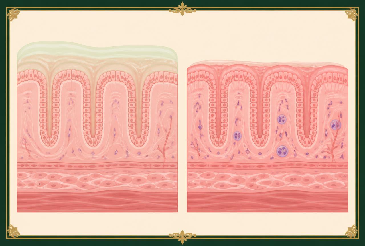 Side-by-side cross-sections of stomach lining: a healthy gastric mucosa with an intact mucus layer, and a mildly inflamed gastric mucosa with a thinner mucus layer and immune cells in the tissue.