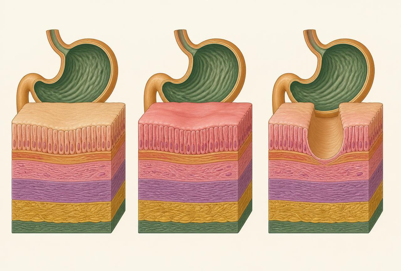 Three cross-sections of the stomach wall side by side: normal intact lining, superficially inflamed lining, and a deeper ulcer defect breaking through the surface layer.