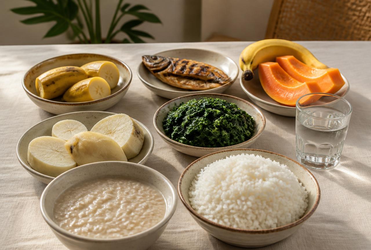A Ghanaian table set with oat porridge, boiled rice, boiled yam, boiled plantain, soft-cooked greens, banana, sliced pawpaw, grilled fish and a glass of water.