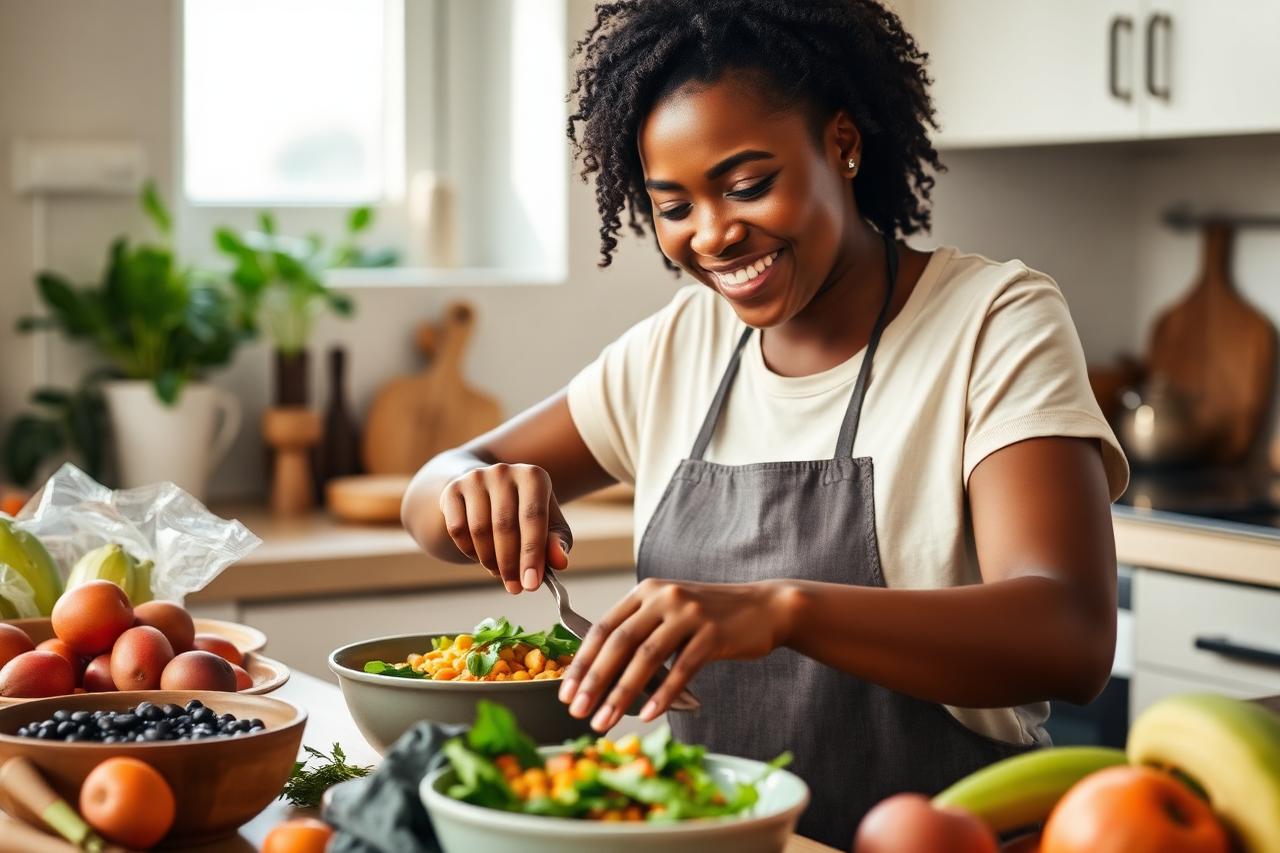 A woman preparing a colourful meal of beans, vegetables and fruit in a bright kitchen