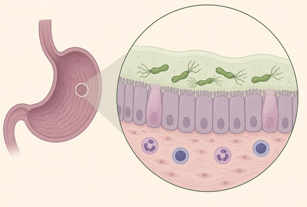 Illustration of a stomach beside a magnified view of the gastric lining showing spiral-shaped H. pylori bacteria within the mucus layer and immune cells in the tissue below.