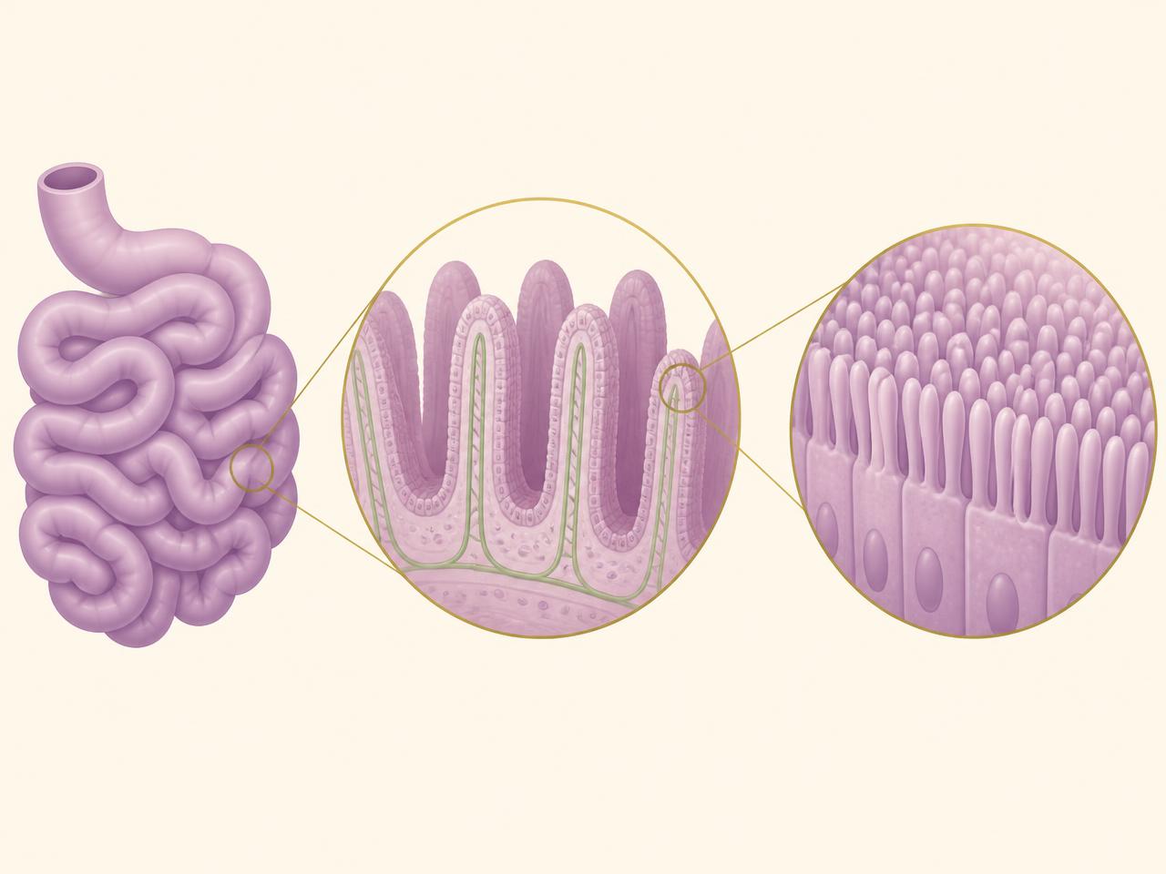 Illustration showing the small intestine, a magnified view of villi lining its wall, and a further magnified view of microvilli.